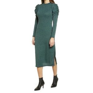 Green Melange Puff Shoulder long sleeve Midi Dress Small